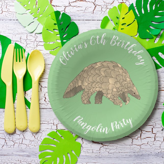 Cute Pangolin 6th Birthday Party Green Paper Plate (Cute pangolin 6th birthday party custom green paper plate )