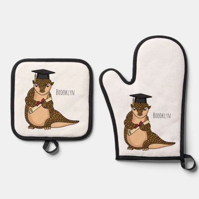 Cute pangolin graduating cartoon oven mitt & pot holder set (Front)