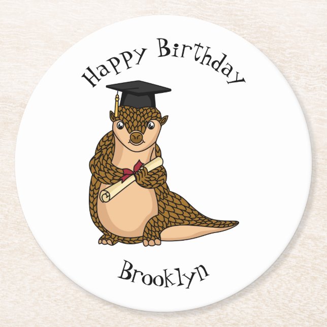 Cute pangolin graduating cartoon  round paper coaster (Front)