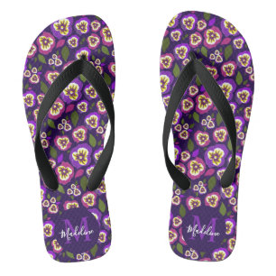 Cute Pansies Pattern Purple Monogram Thongs
