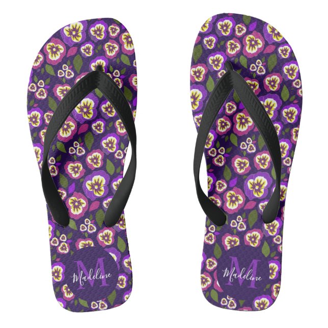 Cute Pansies Pattern Purple Monogram Thongs (Footbed)