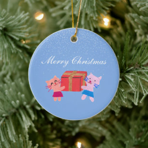 Cute Paper Collage Cats & Photo Blue Christmas Ceramic Ornament