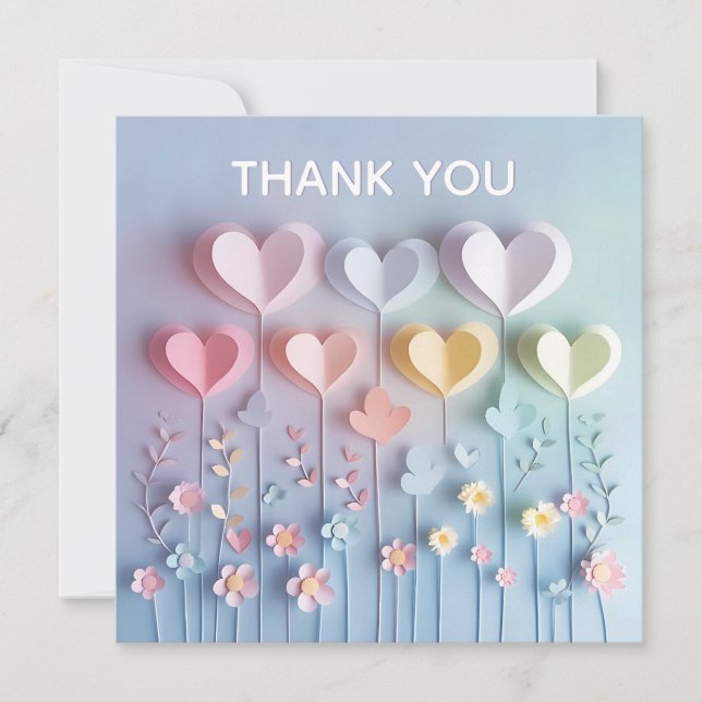 Cute Paper Hearts and Flowers Thank You (Front)