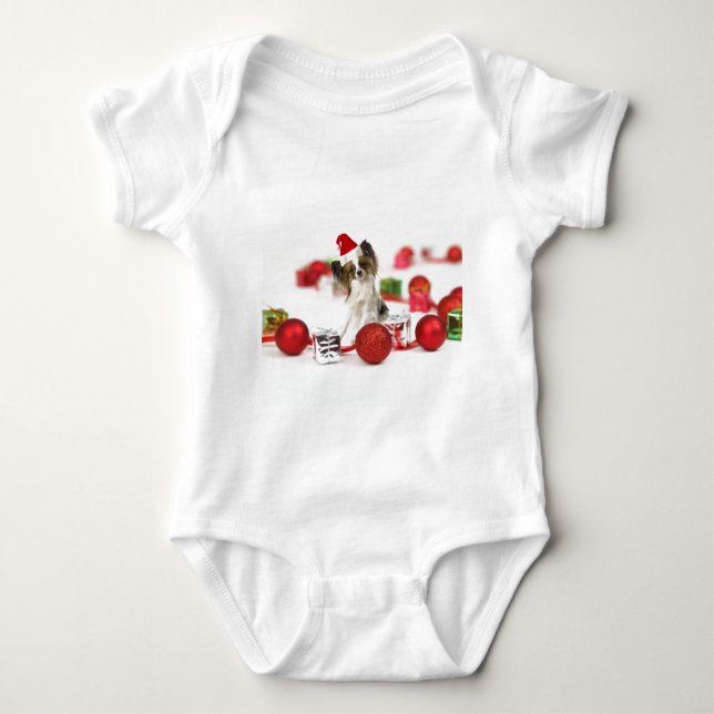 Cute Papillon Dog Christmas Santa Hat Baby Bodysuit (Front)