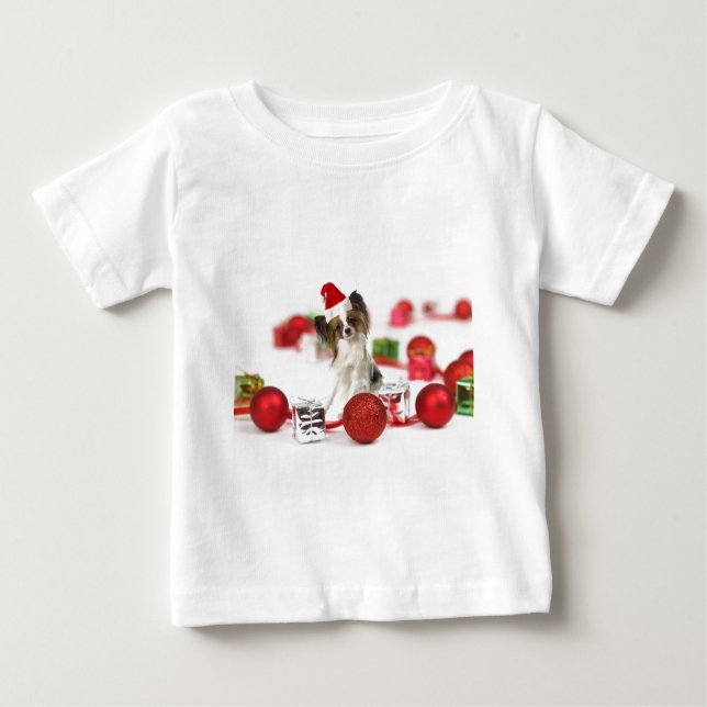 Cute Papillon Dog Christmas Santa Hat Baby T-Shirt (Front)