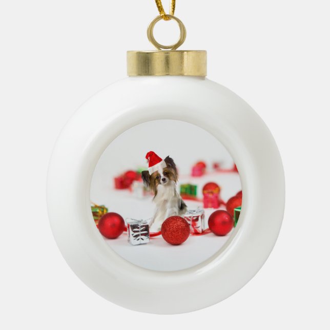 Cute Papillon Dog Christmas Santa Hat Ceramic Ball Christmas Ornament (Front)