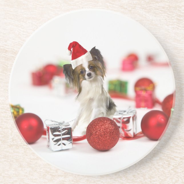 Cute Papillon Dog Christmas Santa Hat Coaster (Front)