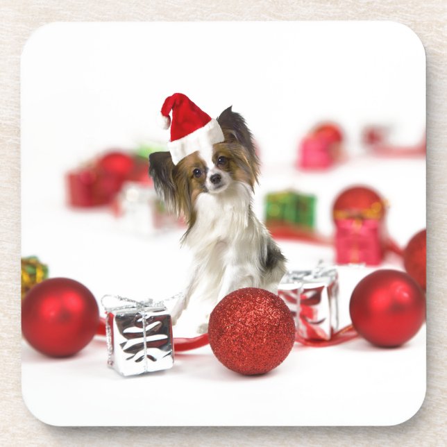 Cute Papillon Dog Christmas Santa Hat Coaster (Front)