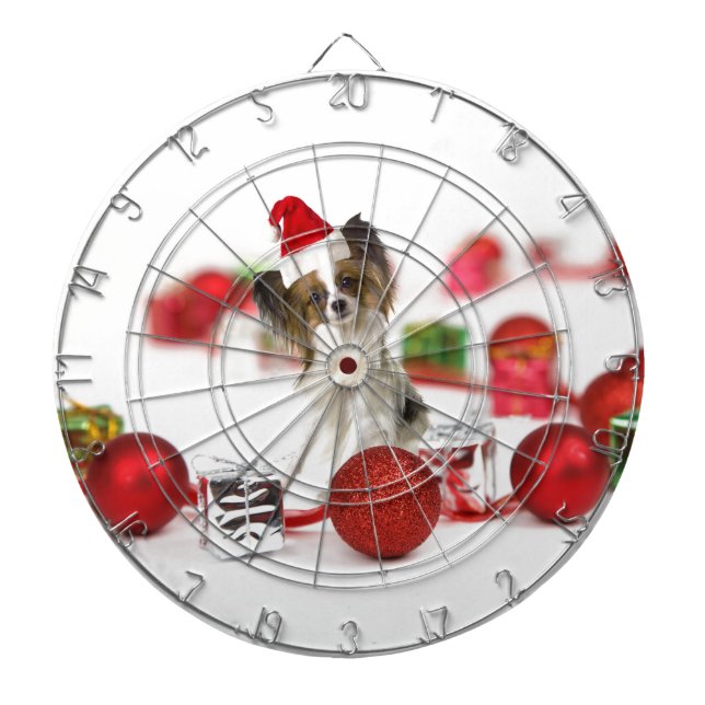 Cute Papillon Dog Christmas Santa Hat Dartboard (Front)
