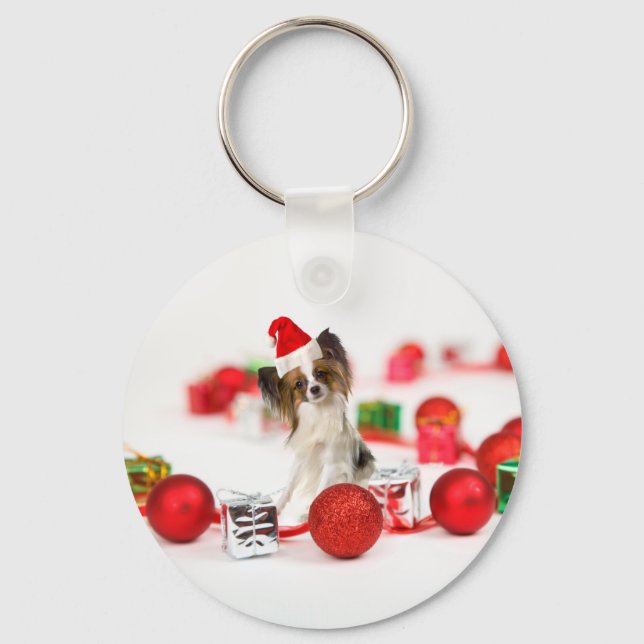 Cute Papillon Dog Christmas Santa Hat Key Ring (Front)