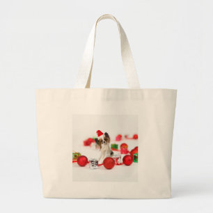 Cute Papillon Dog Christmas Santa Hat Large Tote Bag