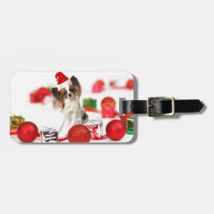 Cute Papillon Dog Christmas Santa Hat Luggage Tag
