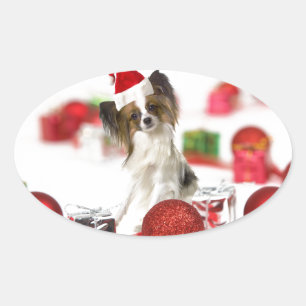 Cute Papillon Dog Christmas Santa Hat Oval Sticker