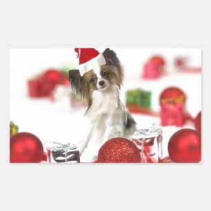 Cute Papillon Dog Christmas Santa Hat Rectangular Sticker