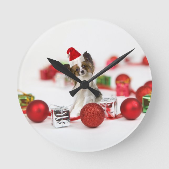 Cute Papillon Dog Christmas Santa Hat Round Clock (Front)