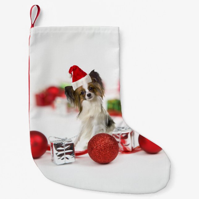 Cute Papillon Dog Christmas Santa Hat Small Christmas Stocking (Front)