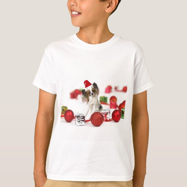 Cute Papillon Dog Christmas Santa Hat T-Shirt (Front)