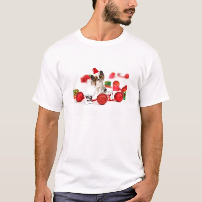 Cute Papillon Dog Christmas Santa Hat T-Shirt (Front)