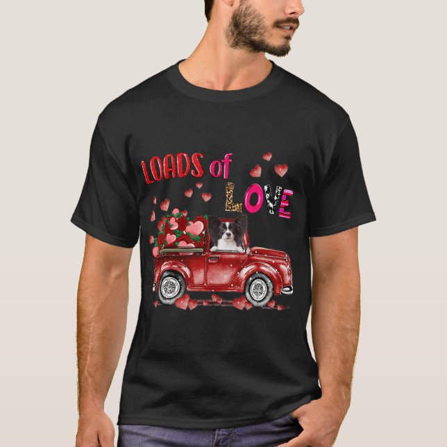 Cute Papillon Dog Driving Red Truck Happy Valentin T-Shirt (Front)