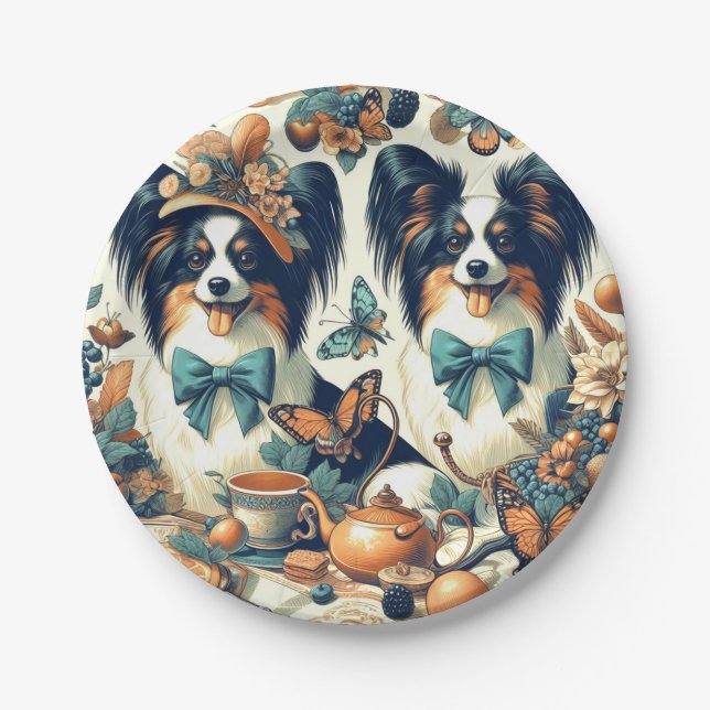 Cute Papillon Dog Illustration Paper Plate (Front)