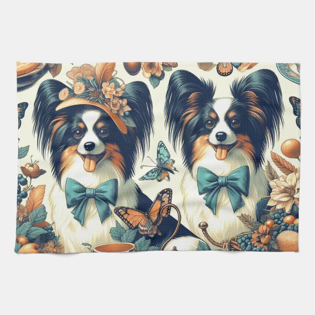 Cute Papillon Dog Illustration Tea Towel (Horizontal)