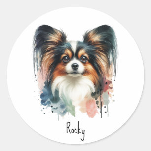 Cute Papillon Dog Watercolor Art Classic Round Sticker