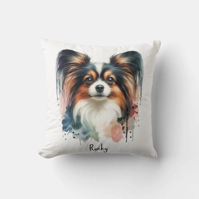 Cute Papillon Dog Watercolor Art  Cushion (Front)