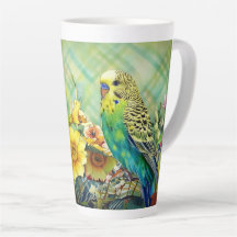 Cute Parakeet and Wildflowers on Plaid Background