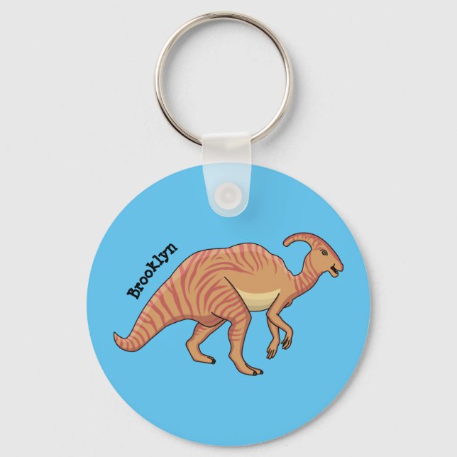 Cute parasaurolophus dinosaur cartoon illustration key ring (Front)