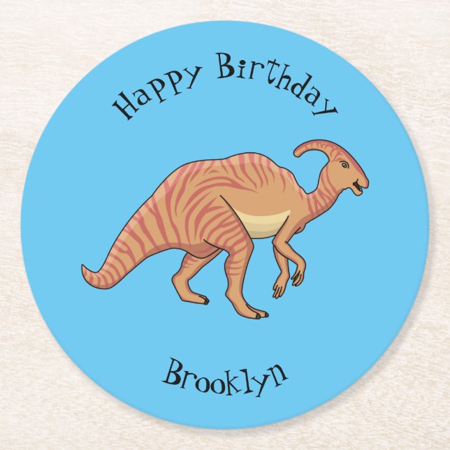 Cute parasaurolophus dinosaur cartoon illustration round paper coaster (Front)