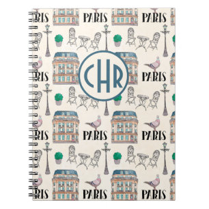 Cute Paris Street Scene Watercolor Monogram Notebook