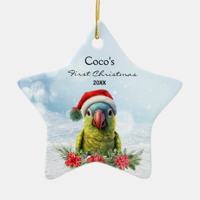 Cute Parrot Macaw in Santa Hat Personalised  Ceramic Ornament (Front)