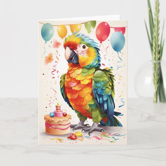 Cute parrot with cake celebrating! | Card (Front)