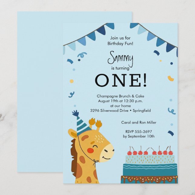 Cute Party Animal Boy 1st Birthday Invitation (Front/Back)
