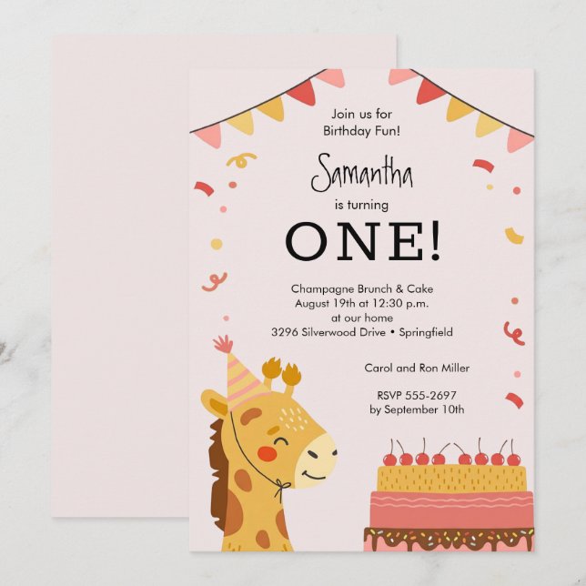 Cute Party Animal Girl 1st Birthday Invitation (Front/Back)