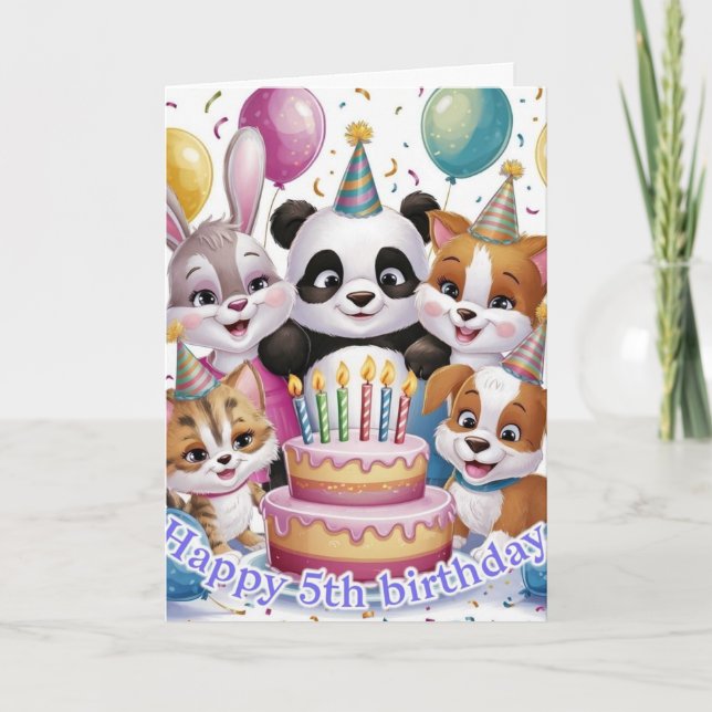 Cute Party Animals 5th Birthday Card  (Front)