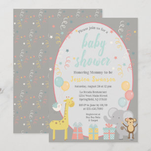 Cute Party Animals Baby Shower Invitation - Blue