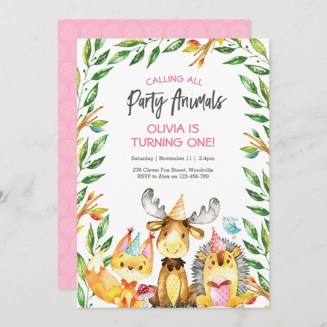 Cute party animals birthday invitation (Front/Back)