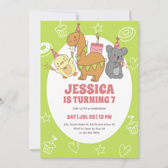 Cute Party Animals Cartoon Kids Birthday Invitation (Front)