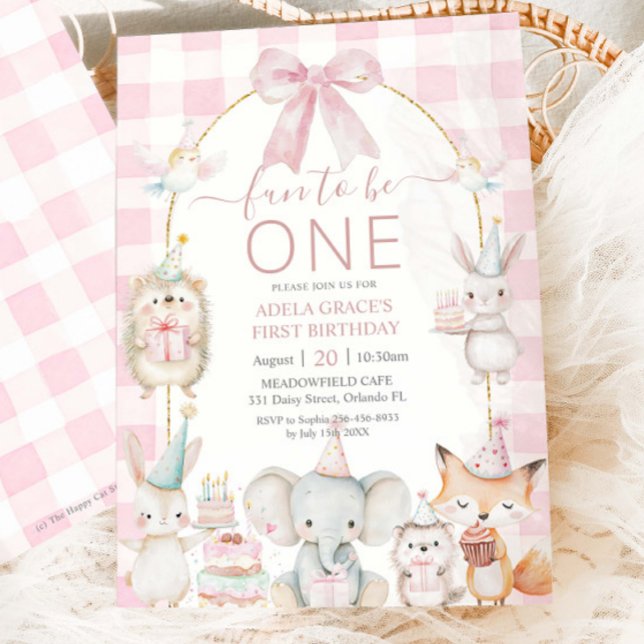 Cute Party Animals Fun To Be One 1st Birthday Pink Invitation (Creator Uploaded)