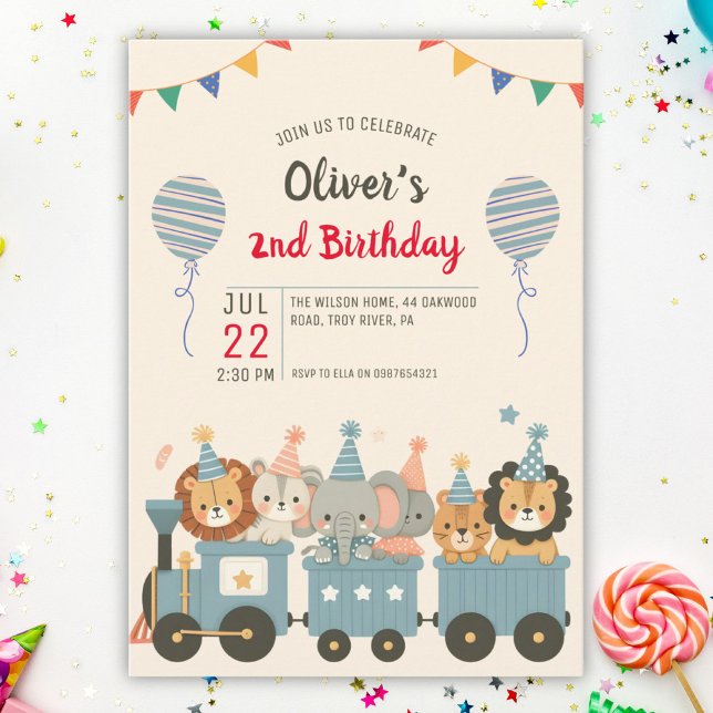 Cute Party Animals on a Charming Train Invitation (Creator Uploaded)