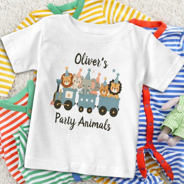 Cute Party Animals on Train Personalised Baby T-Shirt (Creator Uploaded)