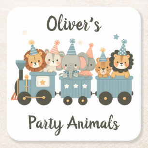 Cute Party Animals on Train Personalised Square Paper Coaster