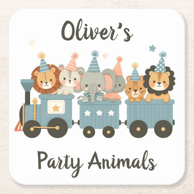 Cute Party Animals on Train Personalised Square Paper Coaster (Front)