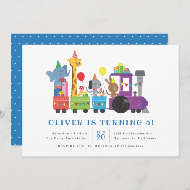 Cute Party Animals Train Kids' Birthday Party Invitation (Front/Back)