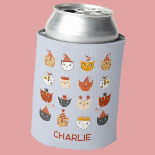 Cute Party Cat Personalised Name Can Cooler