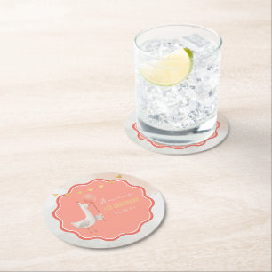 Cute Party Goose Pink 1st Birthday Personalised Round Paper Coaster