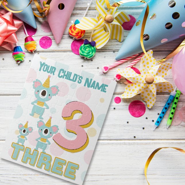 Cute Party Hat Koala Number Three Pink and Teal Jigsaw Puzzle (Creator Uploaded)