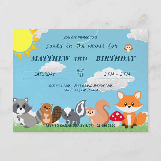 Cute Party In The Woodland Animals Kids Birhtday Postcard (Front)