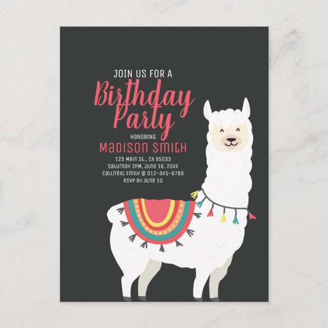 Cute Party Llama and Balloon Birthday Invitation (Front)